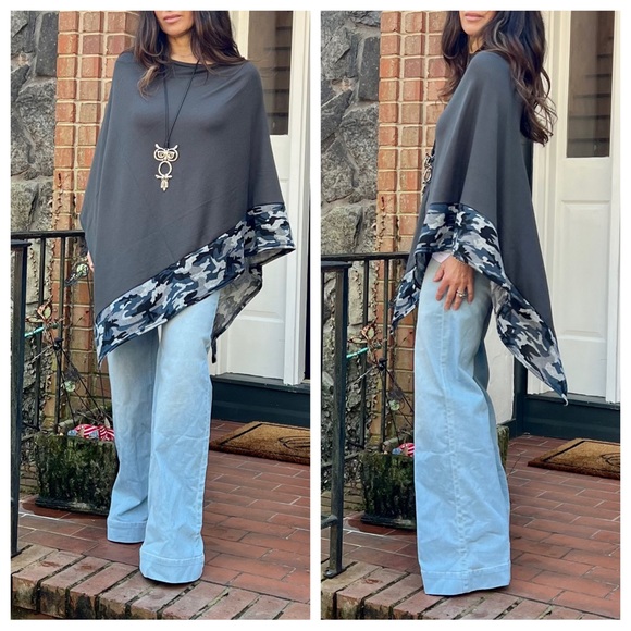 07 Boho Chic Stylish Camo Trim Poncho - Picture 3 of 10